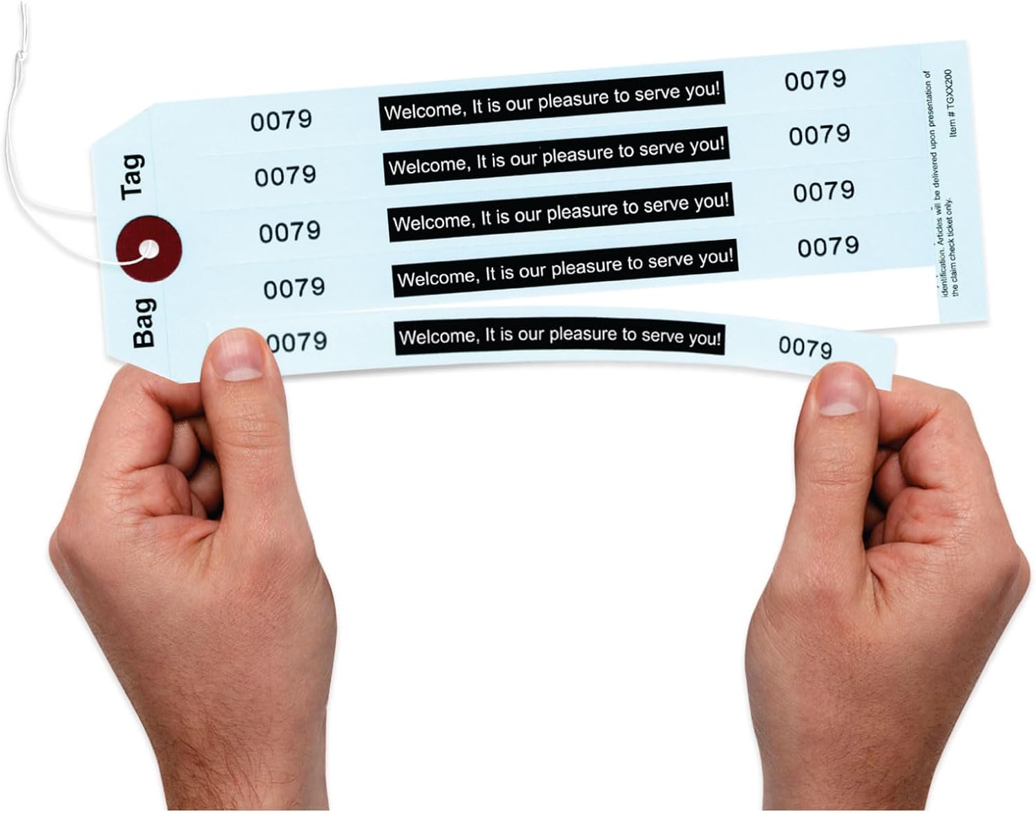 100 Light Blue Hotel Baggage Claim Check Tags with 5 Matching Numbered Labels. Ideal Label & Tag Combo for handling of Luggage & Storage Management. Size: 11" (H) x2 1/2" (W).