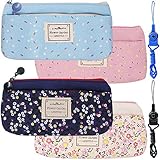 4 Pack Flower Floral Canvas Pen Pencil Cases Makeup Bags, FineGood Stationery Pouch Holders with Double Zippers for School Students Kids, with 2 Hang Ropes - Dark Blue, Light Blue, Pink, Cream