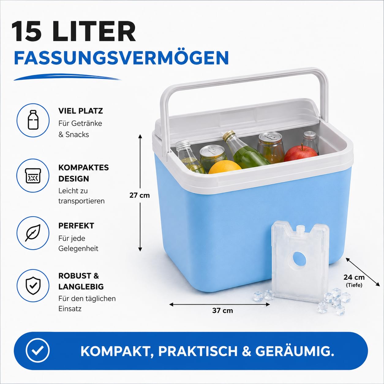 15 Liter Kühlbox mit Kühlelement & Kühlakku– Thermobox für extra Lange Kühlung, ideal als Kühltasche