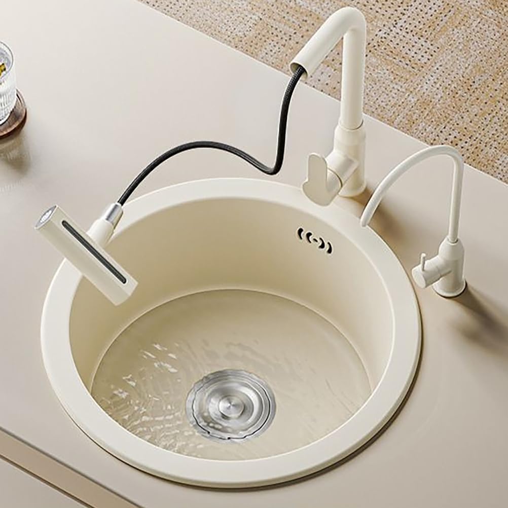 12.6-16 in Round Built-In Kitchen Sink Bar Preparation Sink Handmade Stainless Steel Wet Bar Sink Nano Coating with Pull-Out Waterfall Faucet for Homes,Hotels,Cafes,36 * 36 * 20cm