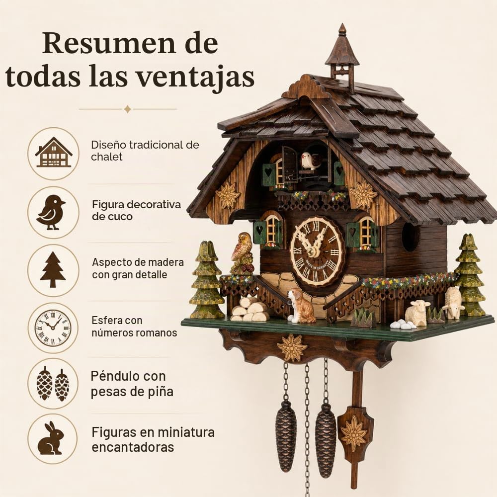 Cuckoo Palace Reloj de Cuco Estilo Chalet con Movimiento de Cuarzo de 32 cm