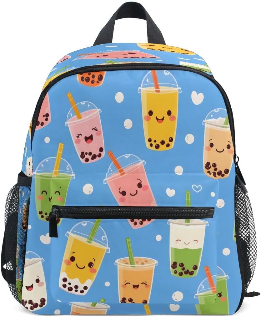 Bubble Tea Beverage Cassava Pearl Straw Pattern Toddler Backpack, Boy Backpack Preschool Bag Kindergarten Schoolbag Nursery Travel Bag for Girl