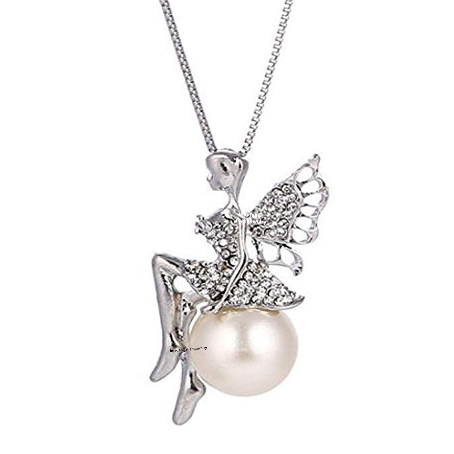 Rhodium Plated Fashion Long Chain Angel Wings Pendent with Artificial Pearl for Girls PS1101654R
