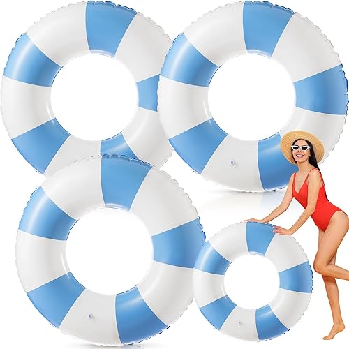 Miniatura 8 de Flotadores inflables jumbo de 47.24 pulgadas para piscina, anillos de piscina a rayas azules y blancas, tubo inflable para mujeres adultas, verano,