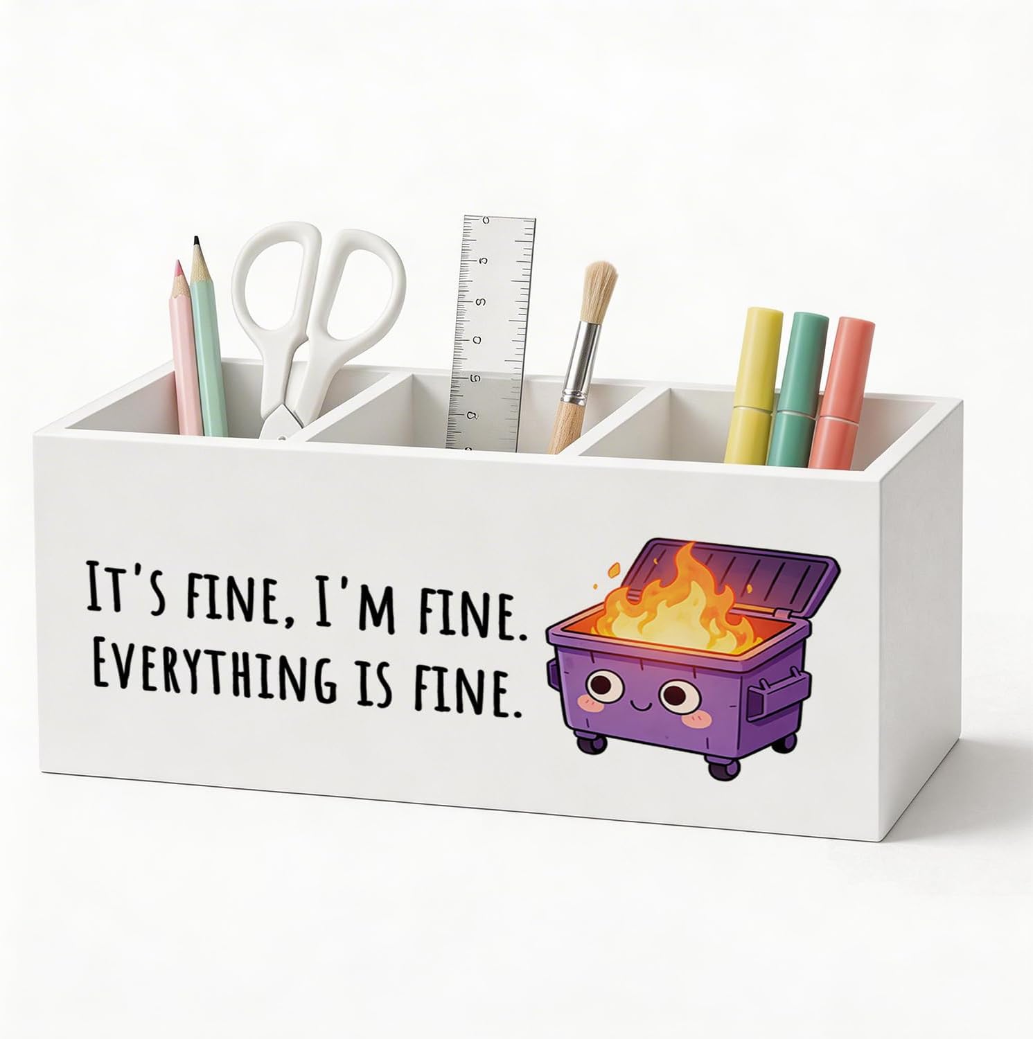 Funny Dumpster Fire Pen Holder Organizer Desk Decor, Coworker Gifts for Women Men, Dumpster Fire Gifts Wooden Pen Pencil Holders for Office Workplace Home Desk Accessories