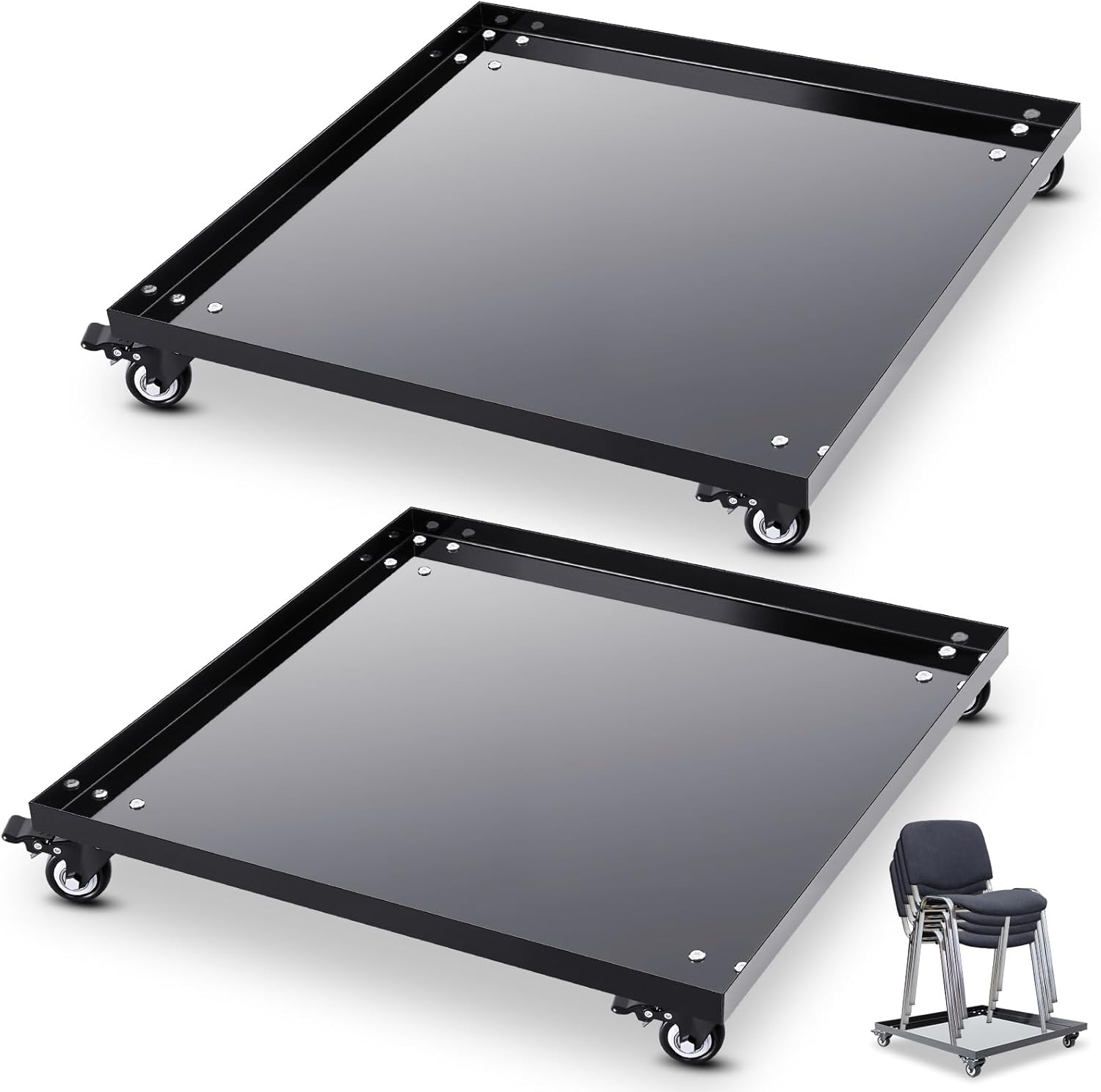 2 Pcs 22.4 x 22.4 x 3.9 Inch Metal Stacking Chair Dolly 330 Lbs Capacity Heavy Duty Cold Roll Steel Dolly with Wheels for Store Transport Stacked Chairs Party Event Rental (Whole Style)