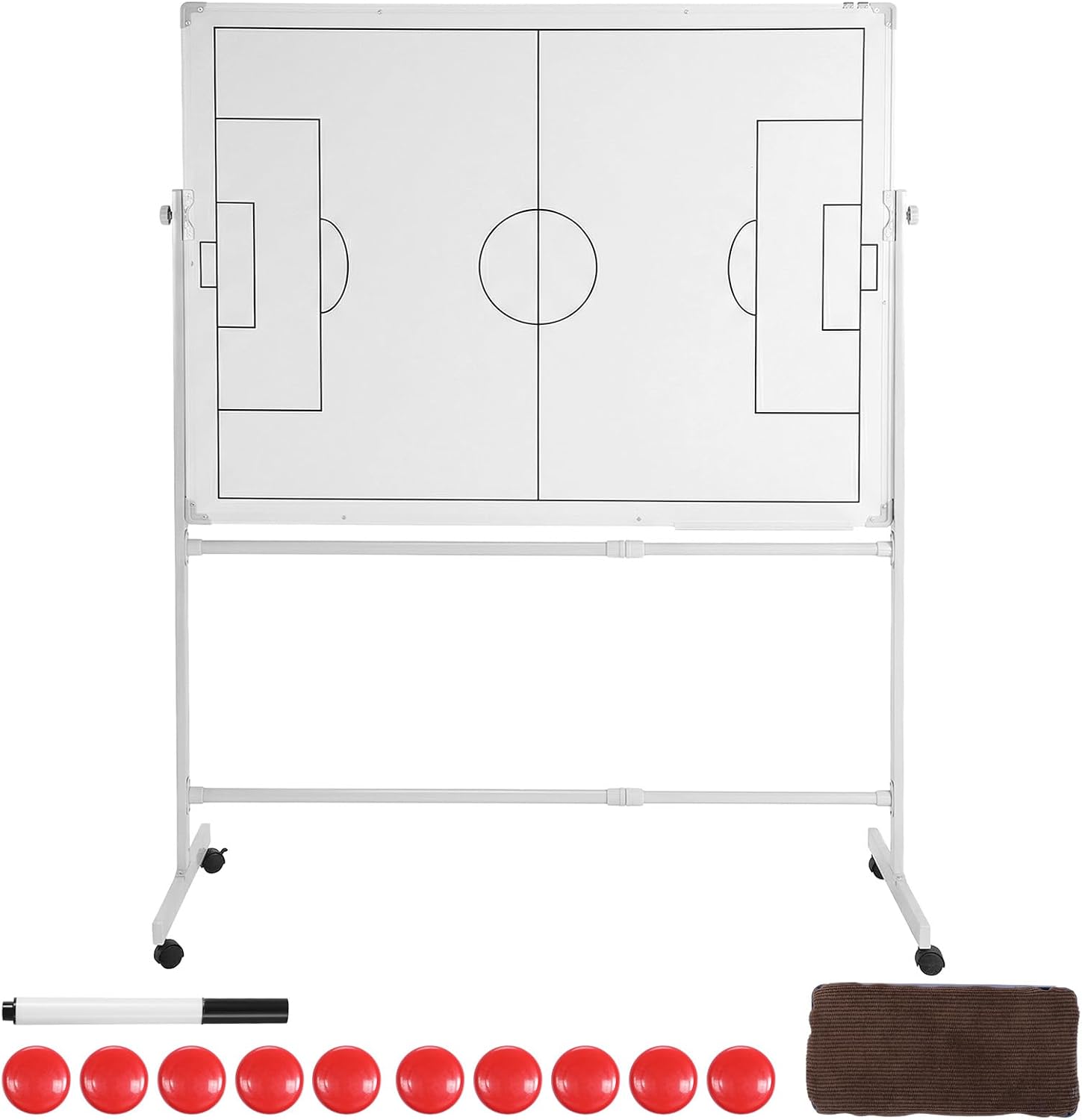 Generic Double-Sided Soccer Coaching Board Height Adjustable Dry Erase Whiteboard with Wheels 360 Degree Reversible Soccer Tactics Board with Magnets Pen & Eraser for Teaching Training