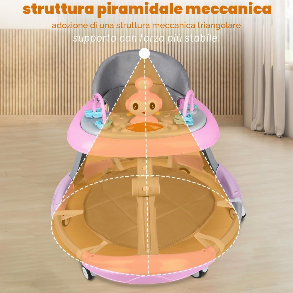 Girello pieghevole per neonati da 6 a 18 mesi, girello per bambini ragazzi e ragazze, barra di spinta alta + cappotta girevole a 360° + musica, 67 x 67 x 79 cm, rosa
