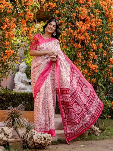 Image of SIRIL Women's Cotton Printed Saree with Unstitched Blouse Piece