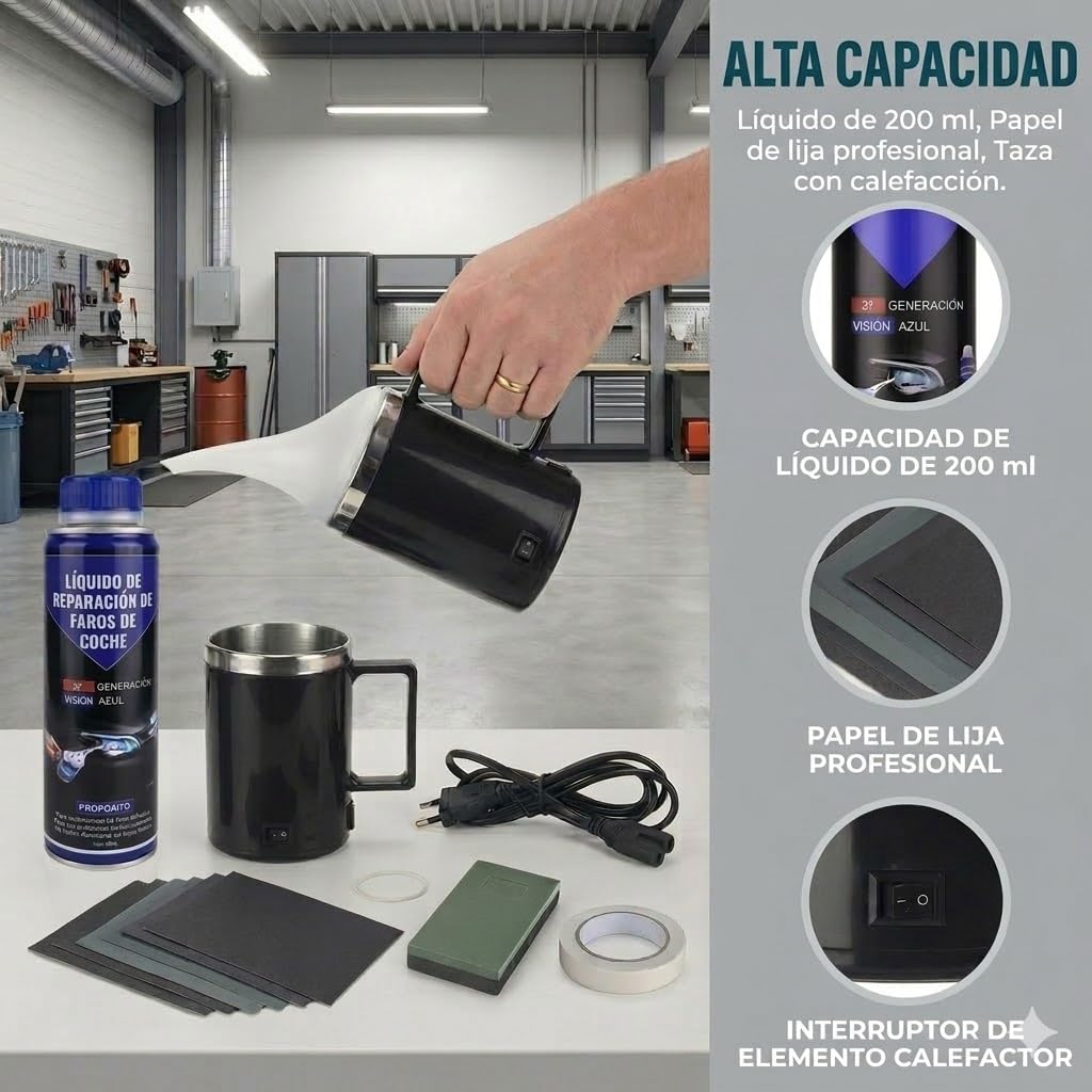 Auto Scheinwerfer Aufbereitungsset mit Zerstäuberbecher & 200ml Politur, DIY KFZ Scheinwerfer Reparatur Set für vergilbte, zerkratzte Linsen, inkl. EU-Stecker & Schleifpapier