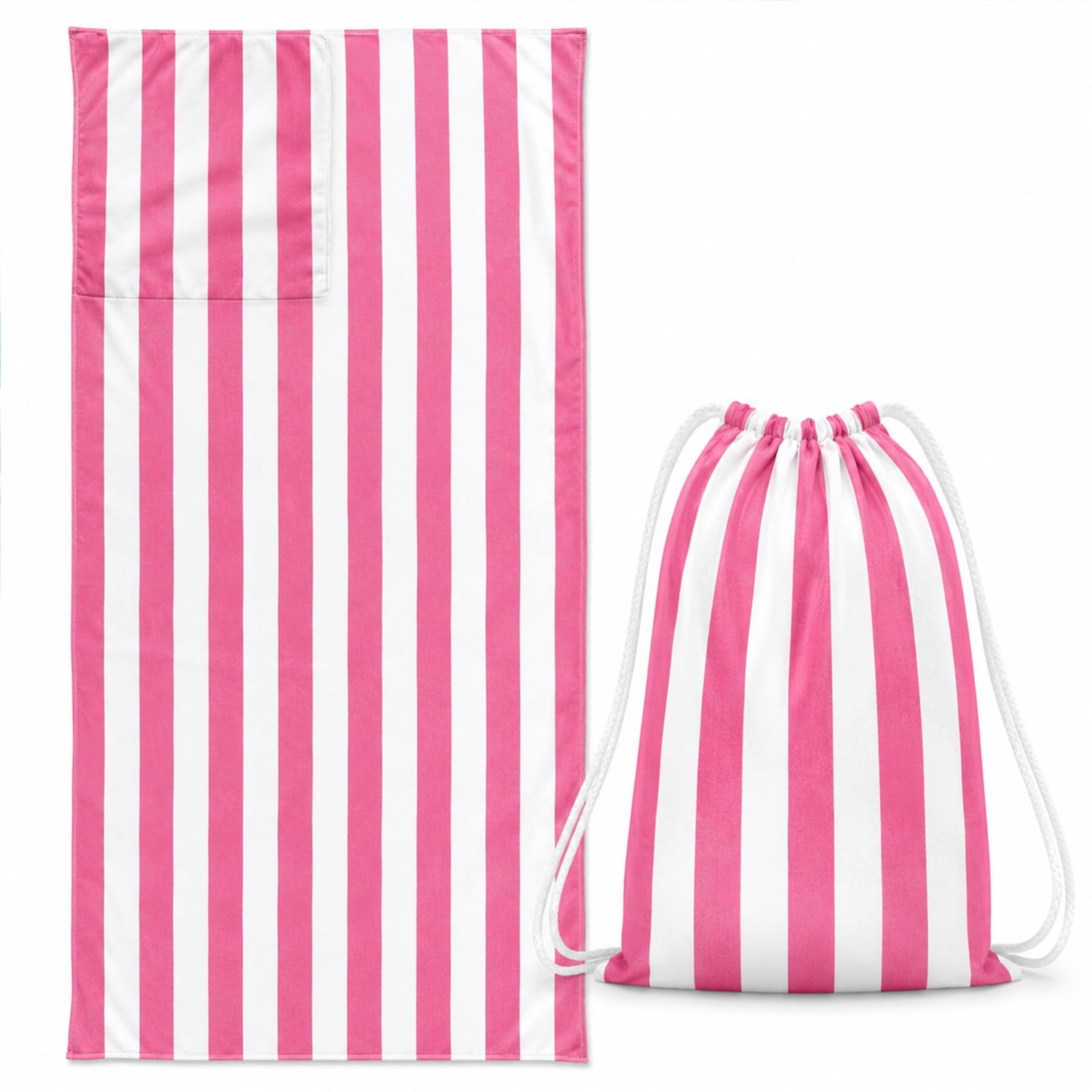 Treer Beach Towel That Turns Into a Drawstring Bag, 2 in 1 Backpack Microfibre Lightweight Large Beach Towels for Adults Travel Gym Yoga Swimming Summer -70x140cm, Pink Stripes