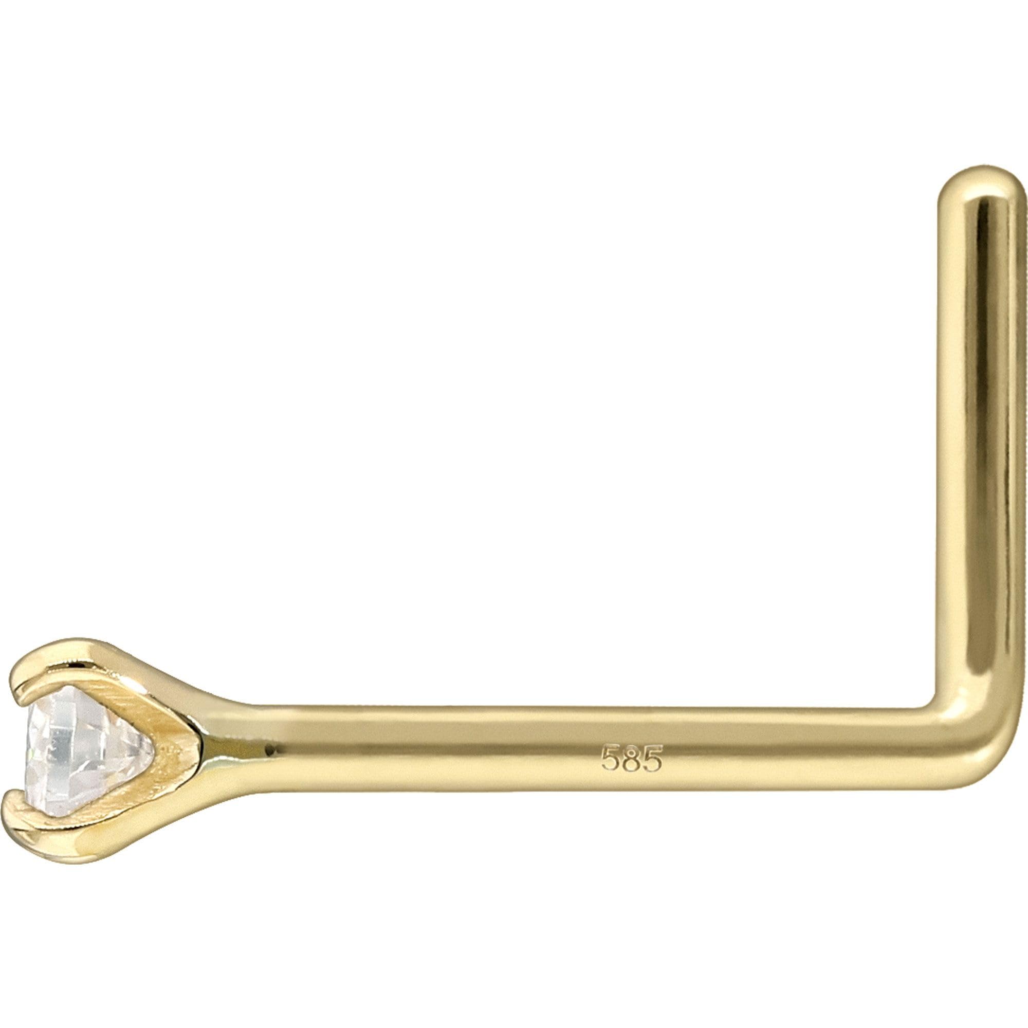 PIERCINGLINE Nasenpiercing 14K Gold Nasenstecker L-Form EINGEFASSTER MOISSANIT 585er Gold - Goldfarben
