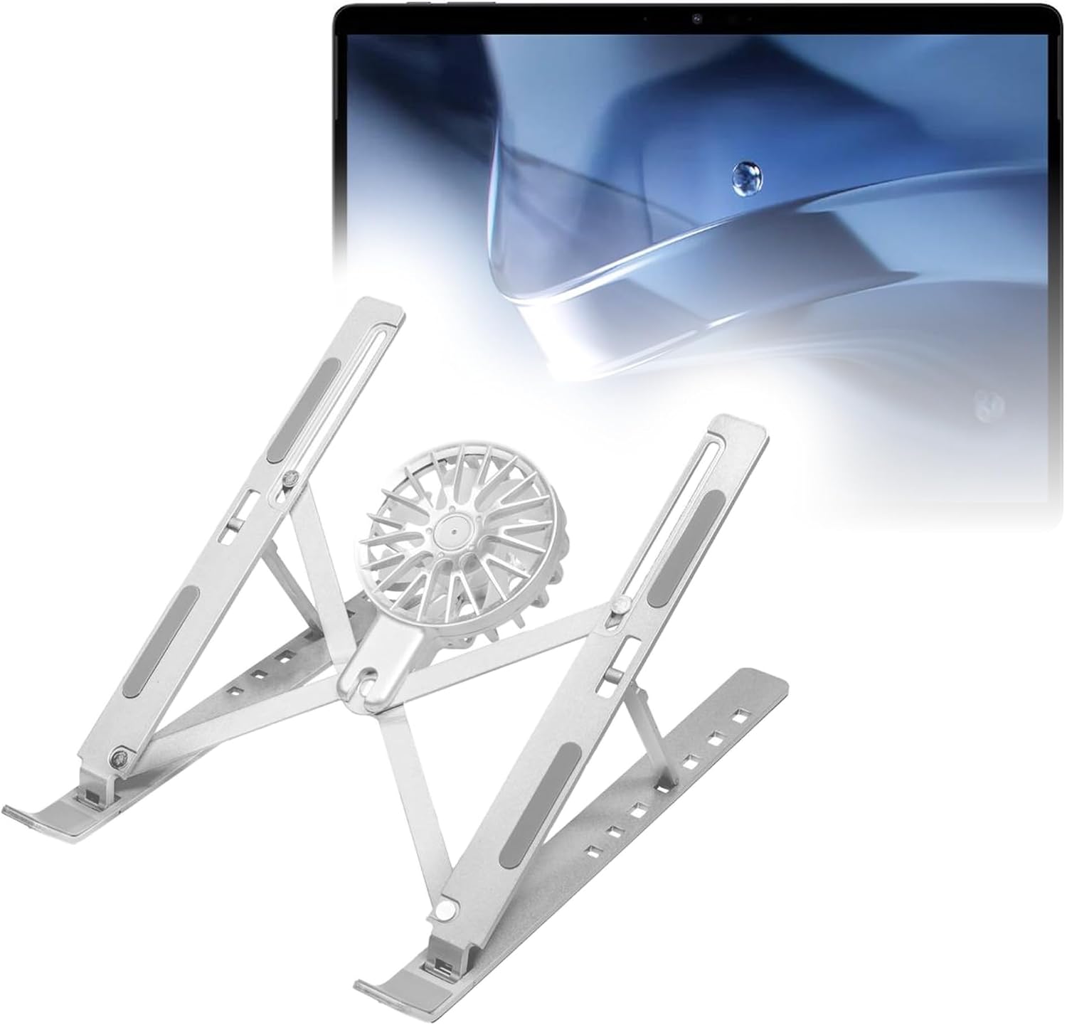 BoxWave Stand and Mount Compatible with Chuwi Hi10 Max - QuickSwitch Stand with Cooling Fan, Portable, Multi Angle Viewing Ventilator - Metallic Silver