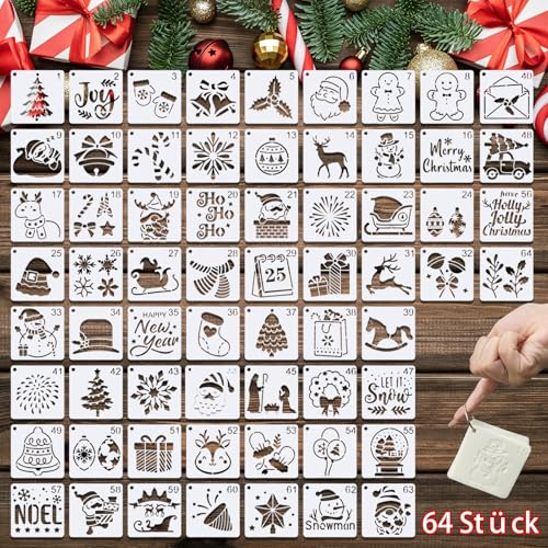 GOZINA 64 stuks kerstsjablonen, herbruikbare kerstschablonen, kerstsjablonen voor ramen, spuitnevel voor ramen, sneeuwspray voor ramen voor scrapbooking, fotoalbum, DIY kerstdecoratie