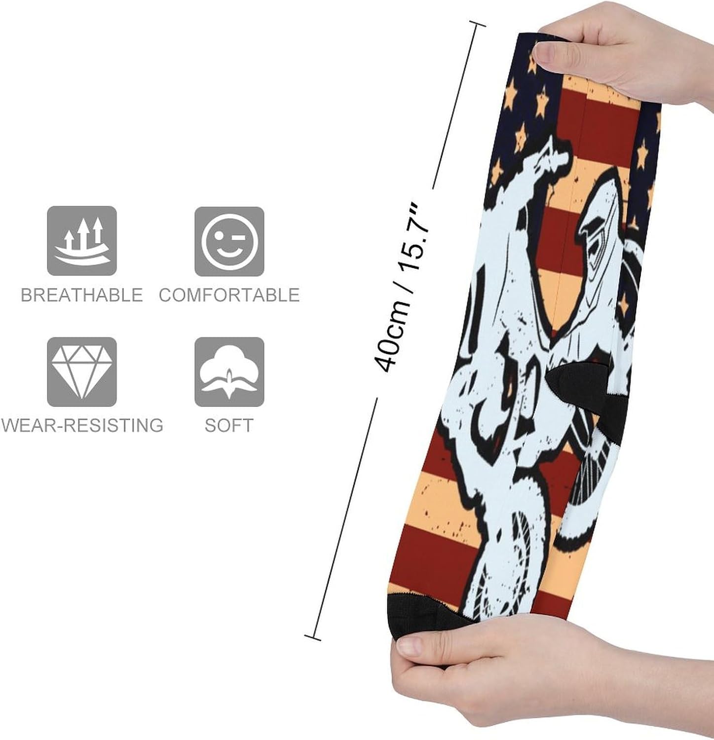 Motocross Dirt Bike USA Americans-Flag Knee High Socks Athletic Long Stockings Sport Casual Crew Tube Sock Boot 40cm