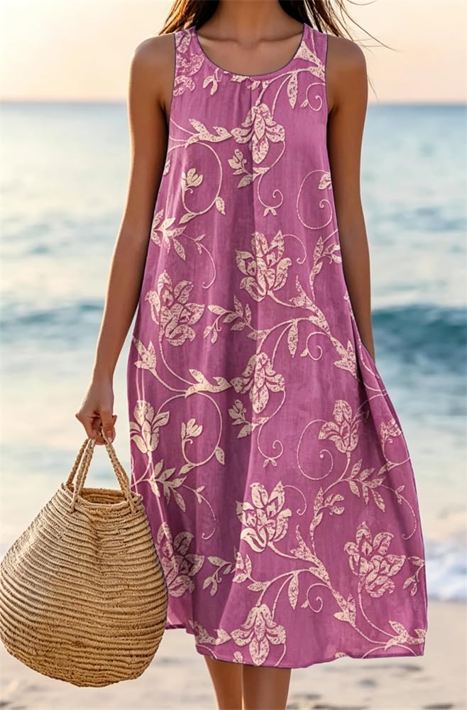 Sommerkleid Damen Ärmellose Strandkleid Rundhalsausschnitt Blumenprint Maxi Kleid Freizeitkleid Sommer Kleider Casual