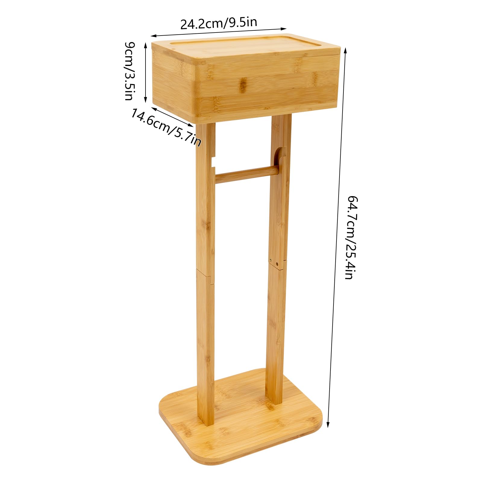 Portarrollos de papel higiénico de bambú con caja de almacenamiento, altura aprox. 65 cm, color natural, ahorra espacio para baño y WC, incluye estante y compartimento para rollos de repuesto con tapa