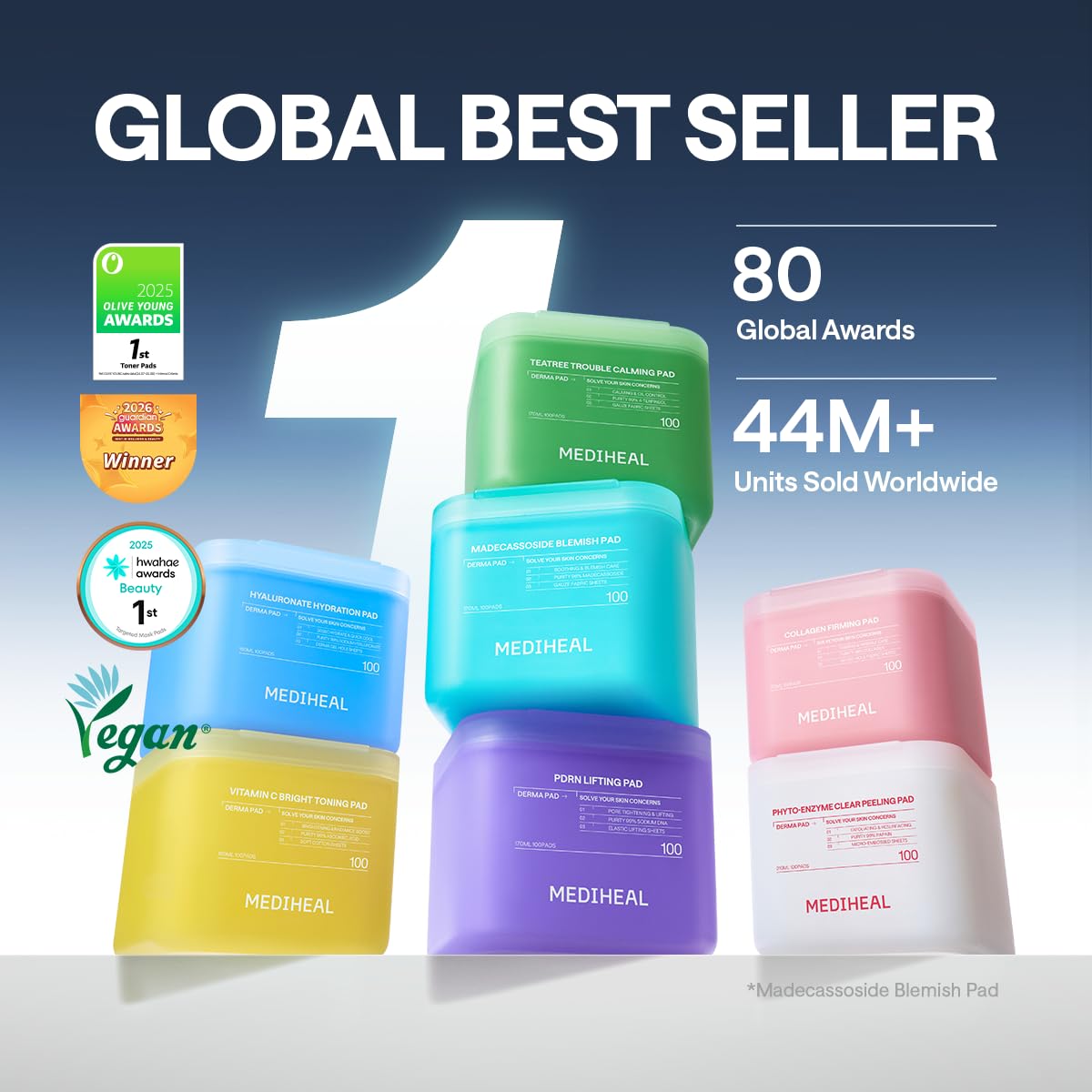 MEDIHEAL Toner Pads Madecassoside 100 - Pad tonique pour imperfections avec Centella Asiatica - Améliore teint inégal et hydratation profonde