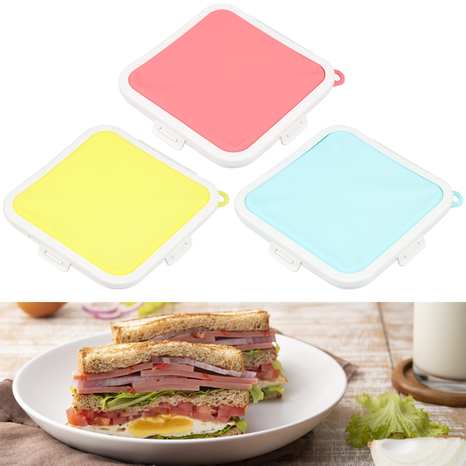 3PCS Lunch Sandwich Boxes,Food Storage Containers with 3-Snap Lid Sandwich Containers Silicone Heat Resistant,Snack Storage Food Prep with Lids Leakproof Reusable for Fruit Snacks Sandwich(3PCS)