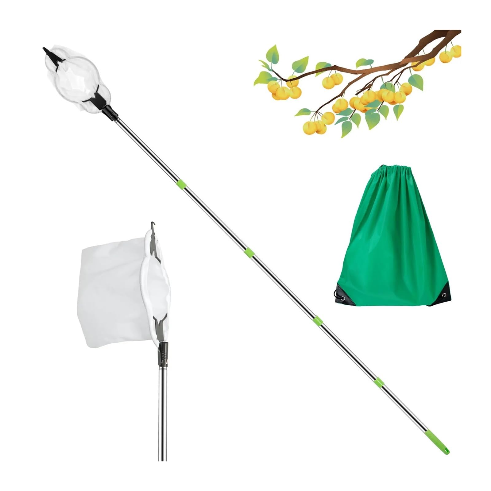 Perche Cueillette Cerises Cueilleur de Fruits 1,6/2 m, Outil de cueillette de Fruits réglable et antidérapant en Acier Inoxydable avec Sac de Rangement(1.6M)