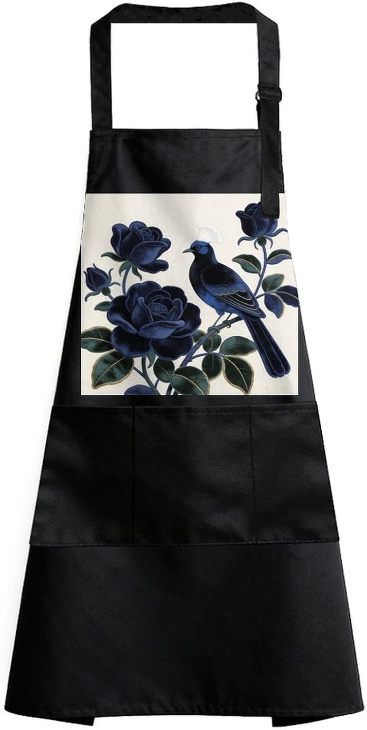 Navy-flower&birdsWaterproof Kitchen Apron