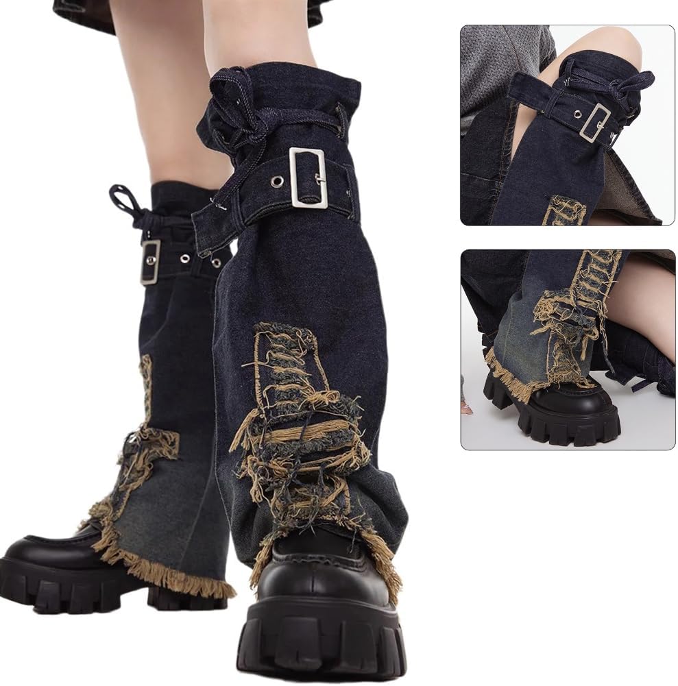 Harajuku Distressed Crosses Star Jeans Leg Warmer Punk Adjustable Strap Buckled Leg Covers Flared Long Socks for Women