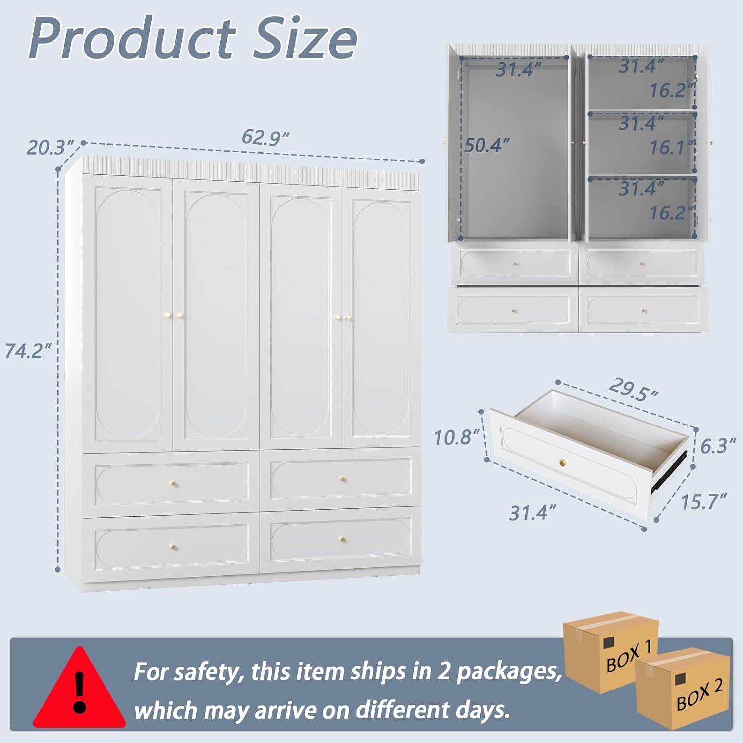 Armoire Wardrobe Closet with Drawers: 74" Large Wardrobe Closet with 4 Doors, White Bedroom Armoires with 4 Drawers, Wooden Closets Cabinet for Hanging Clothes (White)
