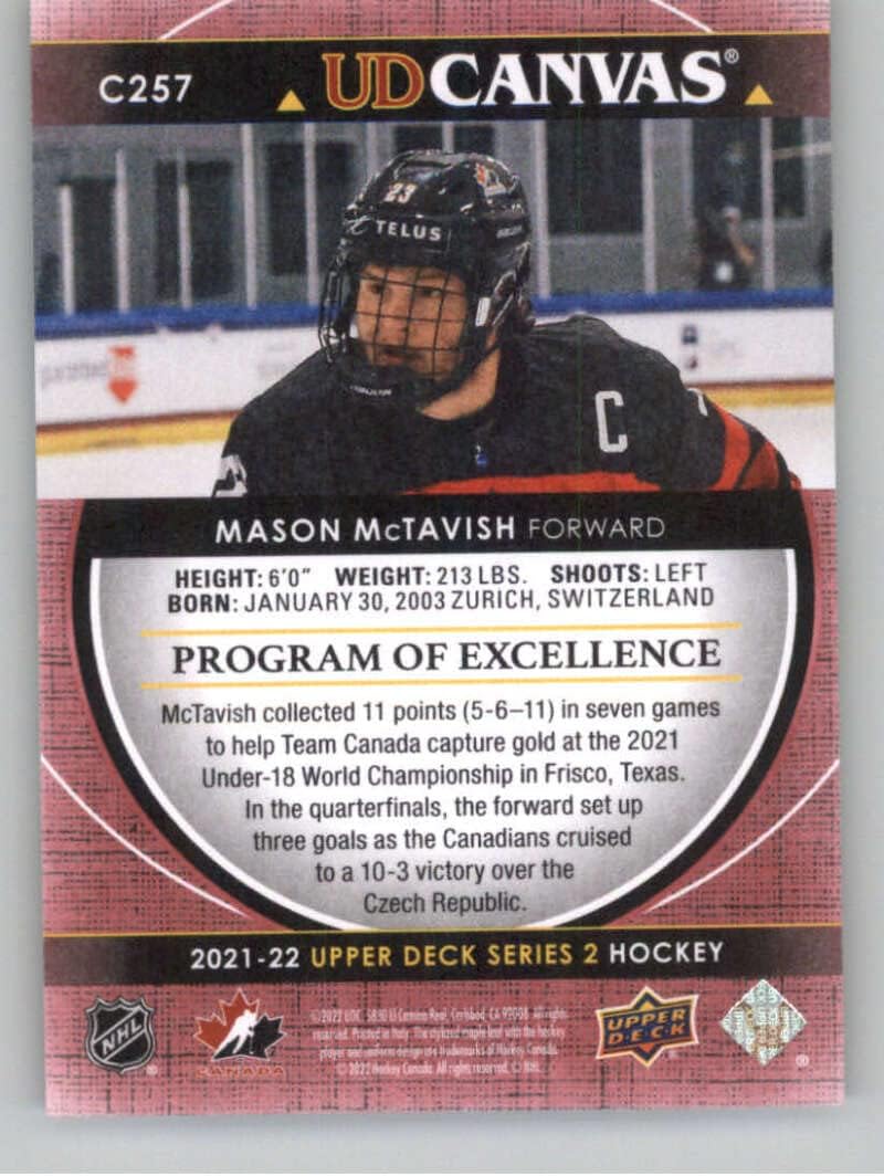 2021-22 Upper Deck Series Two UD Canvas #C257 Mason McTavish YG Young Guns RC Rookie Card Team Canada Program of Excellence Official NHL Hockey Card in Raw (NM or Better) Condition