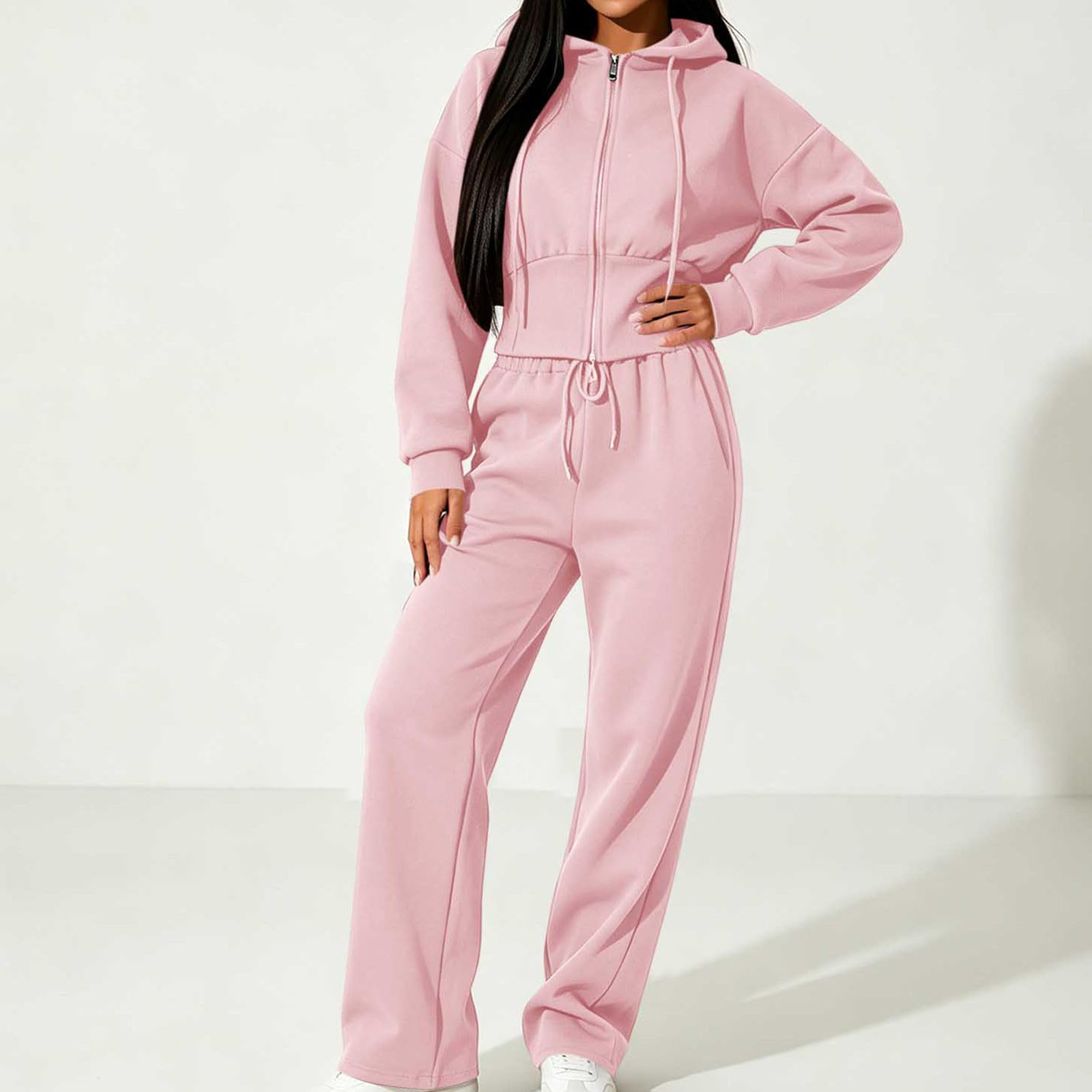 Tuta da donna Set 2 pezzi Casual Lounge Wear Set da donna Zip Up Felpe con cappuccio ritagliate Gamba dritta Pantaloni della tuta Palestra Allenamento Tute atletiche Allentato Activewear Tempo libero