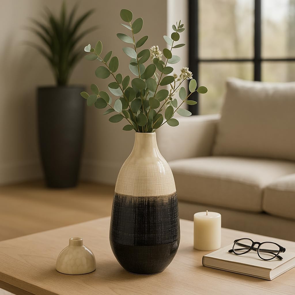 Decorative Two Tone Ceramic Jar with Lid for Living Room Decor - Contemporary Stylish Home Accent for Office Spaces, Coffee Table, and Bedroom - Elegant Flower Vase for House Decor - 18" Beige & Black