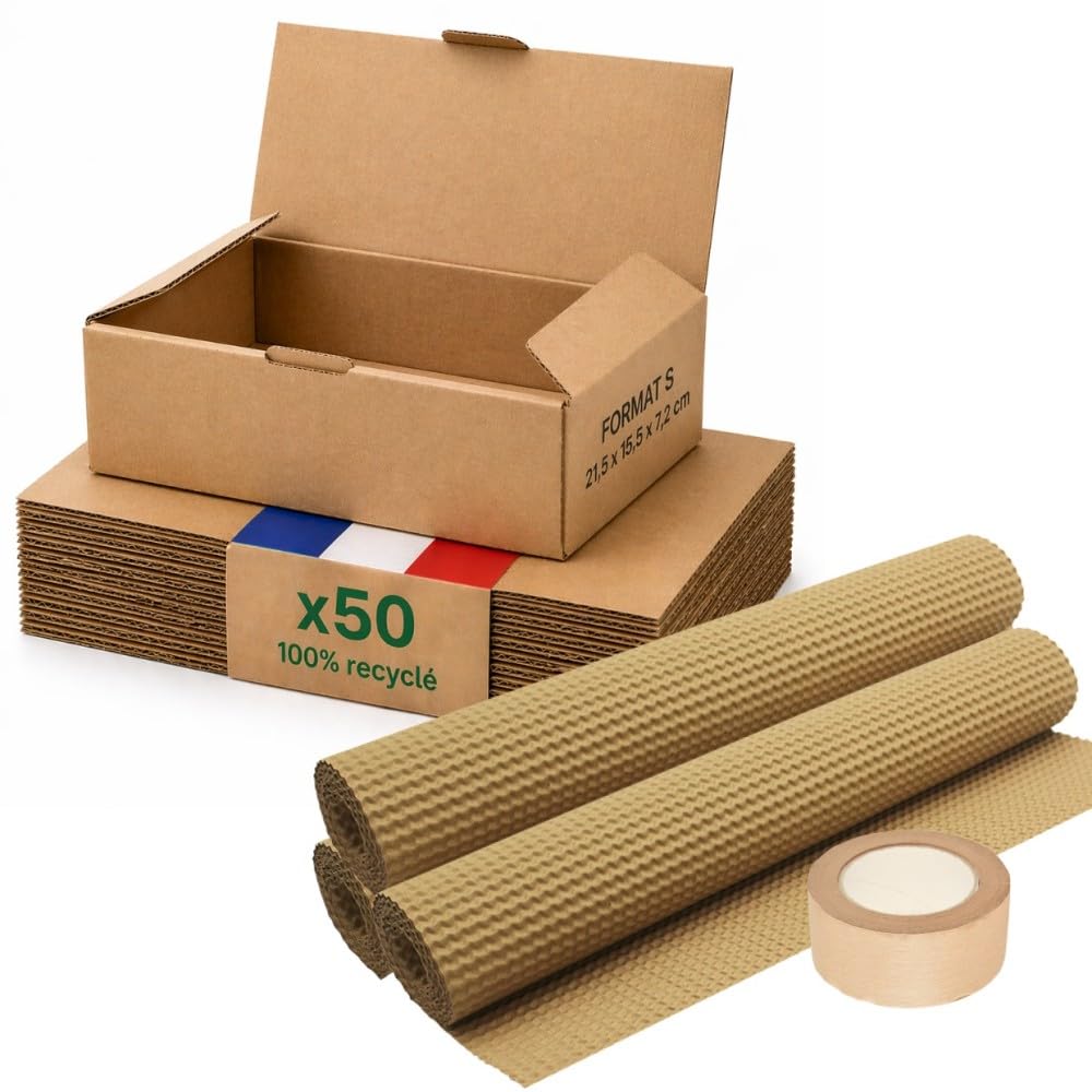 Opakowanie kartonowe S - Zestaw 50 + ochrona papieru + klej papierowy - 21,5 x 15,5 x 7 cm - Wzmocniony - 100% nadaje się do recyklingu - biżuteria, kubek, świece - Life Pack