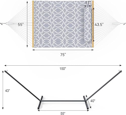 Miniatura 6 de Everyfun Hamaca al aire libre para 2 personas con soporte, hamaca de cuerda de algodón con almohadilla de poliéster, marco de acero ajustable,