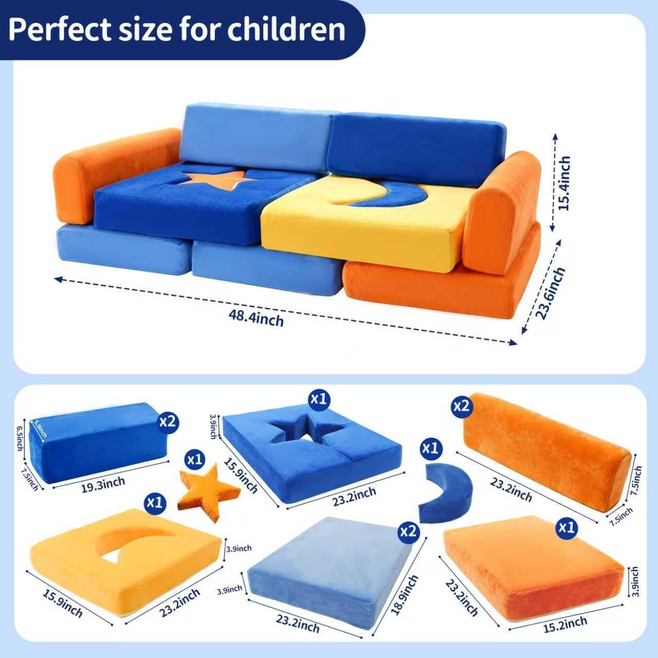 11Pcs Modular Kids Play Couch, Indoor Child Sectional Sofa for Toddlers over 1 year old, Nugget Couch for Playroom Living Room, Convertible Foam Climbing Blocks Sofa for Boys and Girls, Stars and Moon