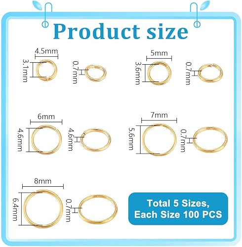 Miniatura 2 de PH PandaHall 500 anillos de salto abiertos, 5 estilos, chapados en oro de 18 quilates, 4.55670.315 in, calibre 2021, pequeños conectores de joyería