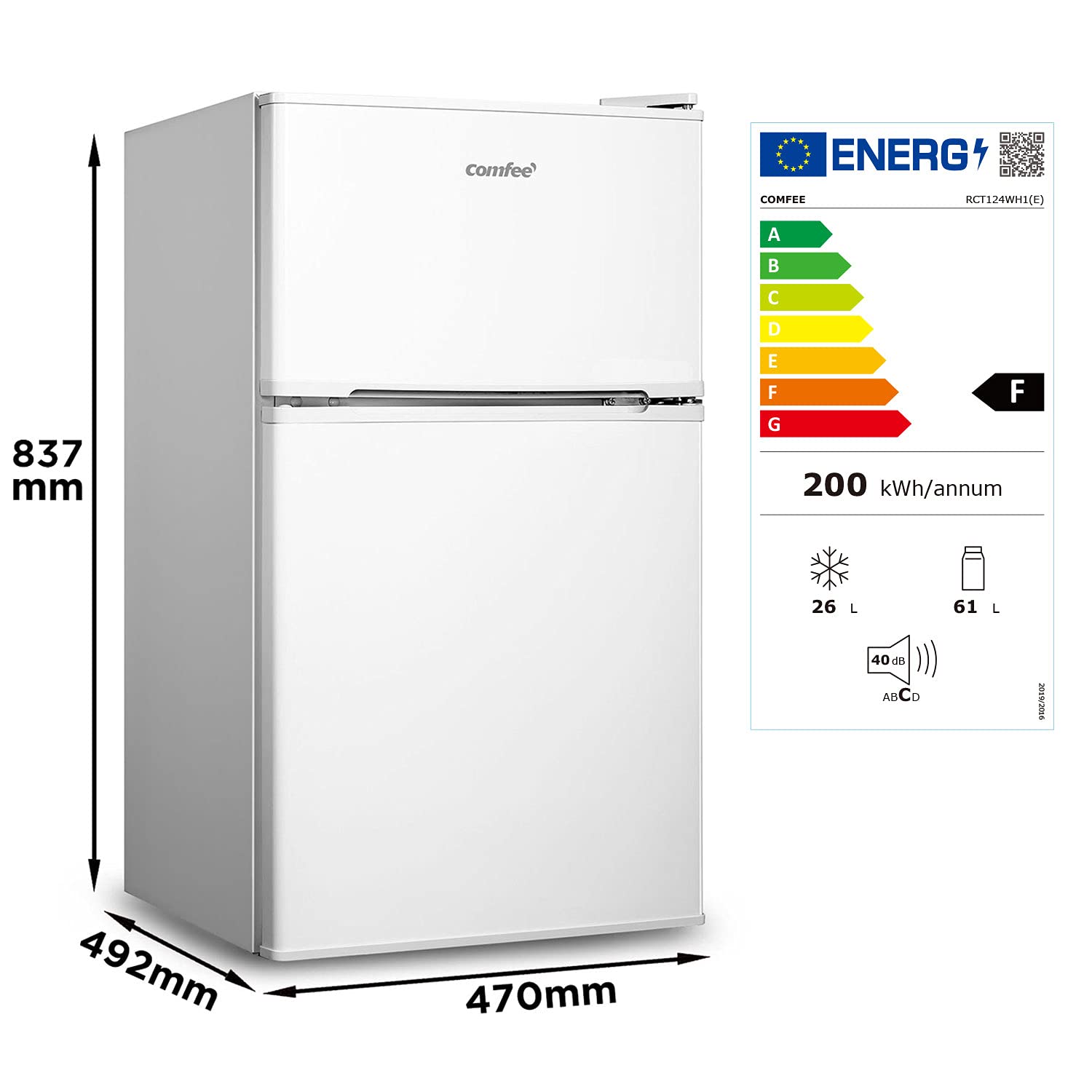 COMFEE' 87 Litre Fridge Freezer RCT87WH1(E) Low Frost Fridge Double