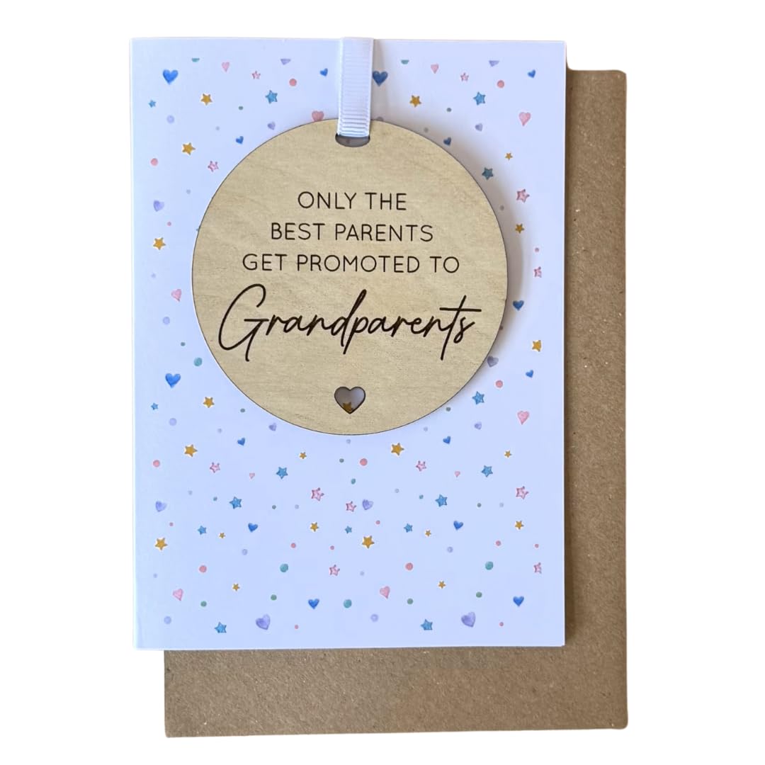 Grandparent Pregnancy Announcement Card – “Promoted to Grandparents” Wooden Keepsake Plaque – Baby Reveal Card for Mum & Dad – A6 Card with Envelope