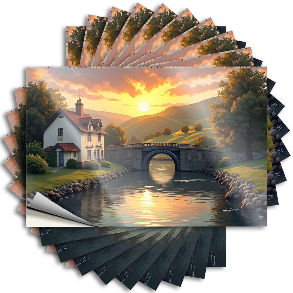 Unique, Decals Gamer Case Sunset Serenity: A Bridge Over A Peaceful River Near A Charming C | Love Waterproof Vinyl Stickers(6X9CM)