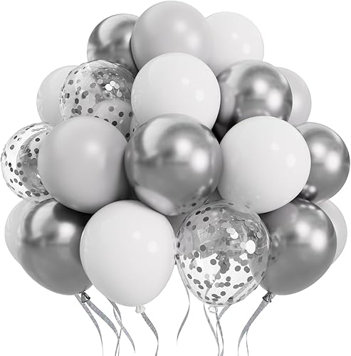 Miniatura 1 de SUWEN Globos cromados metálicos plateados y globos plateados 4D, 69 piezas de diferentes tamaños, globos de helio brillantes de látex y kit de