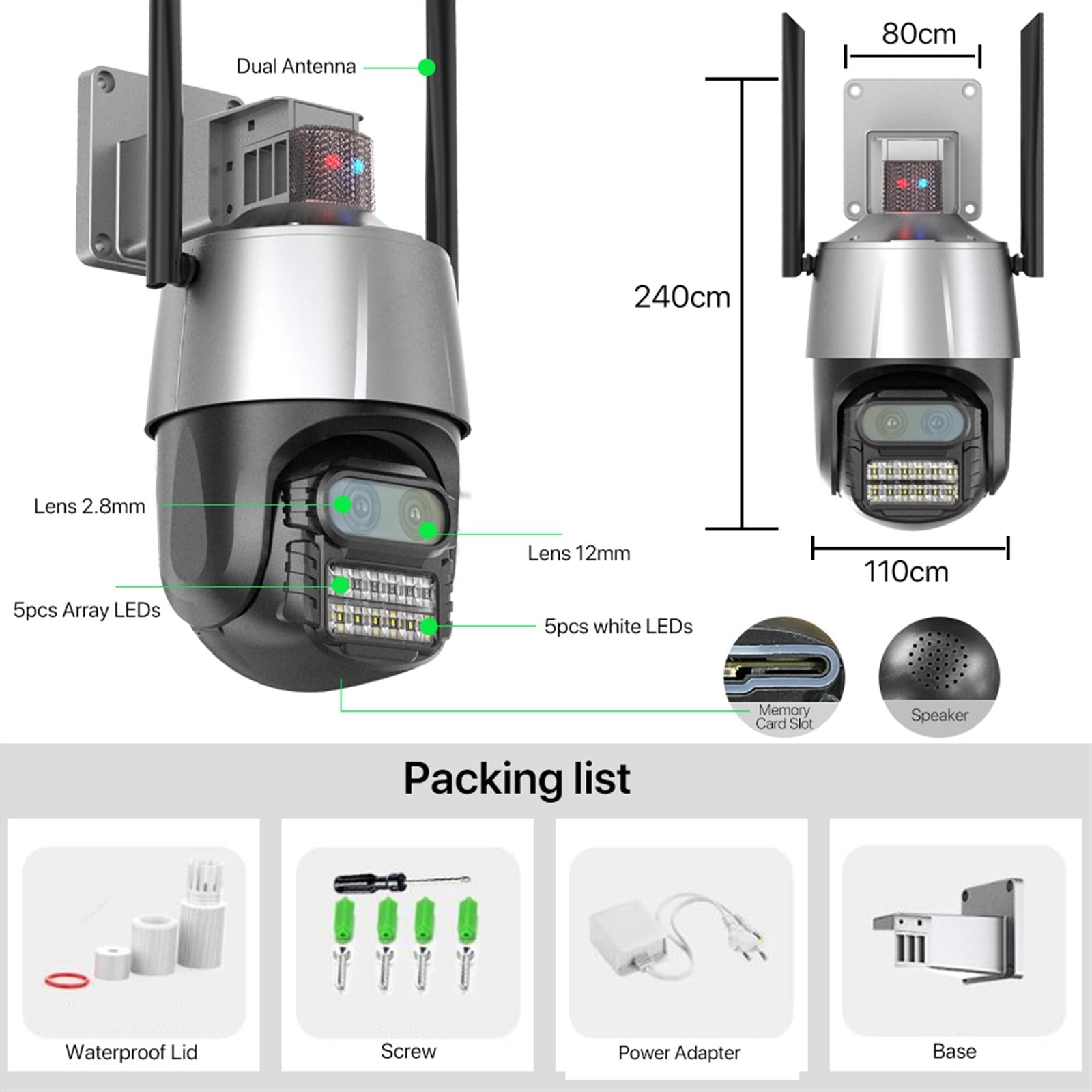 Kamera IP 8MP 4K Bezpieczeństwo Kamera PTZ 2.8 + 12mm Podwójny obiektyw Kolor zewnętrzny Noktowizor Kamera monitoringu CCTV 8x Zoom cyfrowy(64G)
