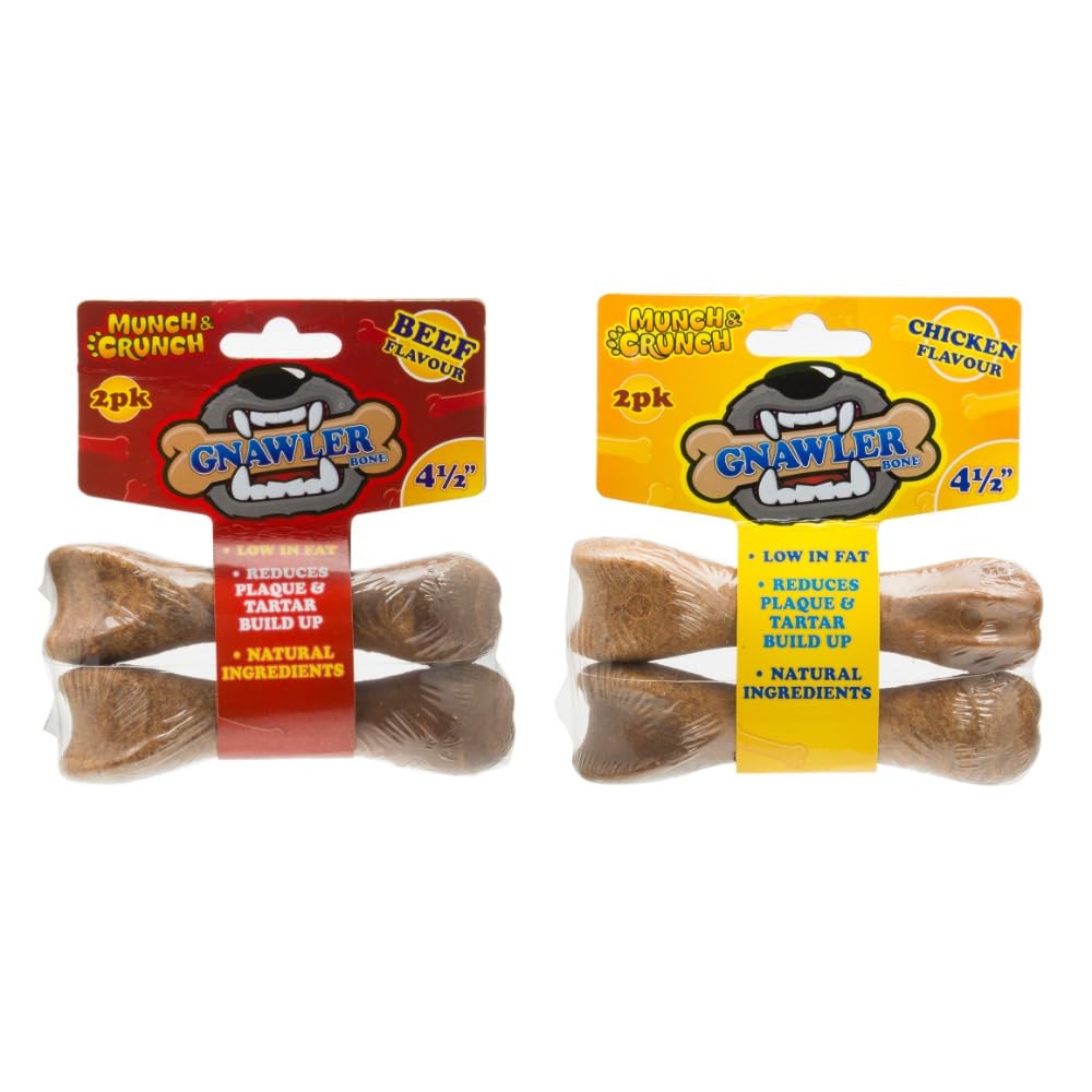 Munch & Crunch Dog Treats 4.5" Gnawler Bones Assorted Chicken & Beef Flavours 2 Bones x 24 Packs