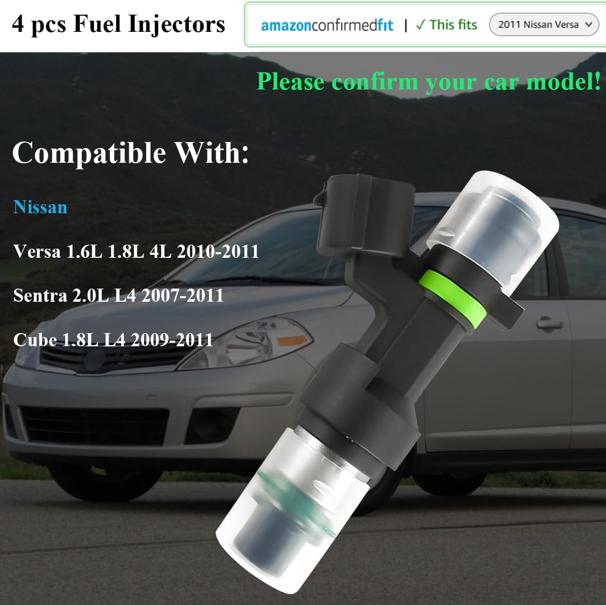 Engine Fuel Injector Kits FJ1056 Fit for Nissan Versa 1.6L 1.8L 4L 2010-2011, for Nissan Sentra 2.0L L4 2007-2011 Cube 1.8L L4 2009-2011 Set of 4 Fuel Injectors Replace OE # 16600-EN200
