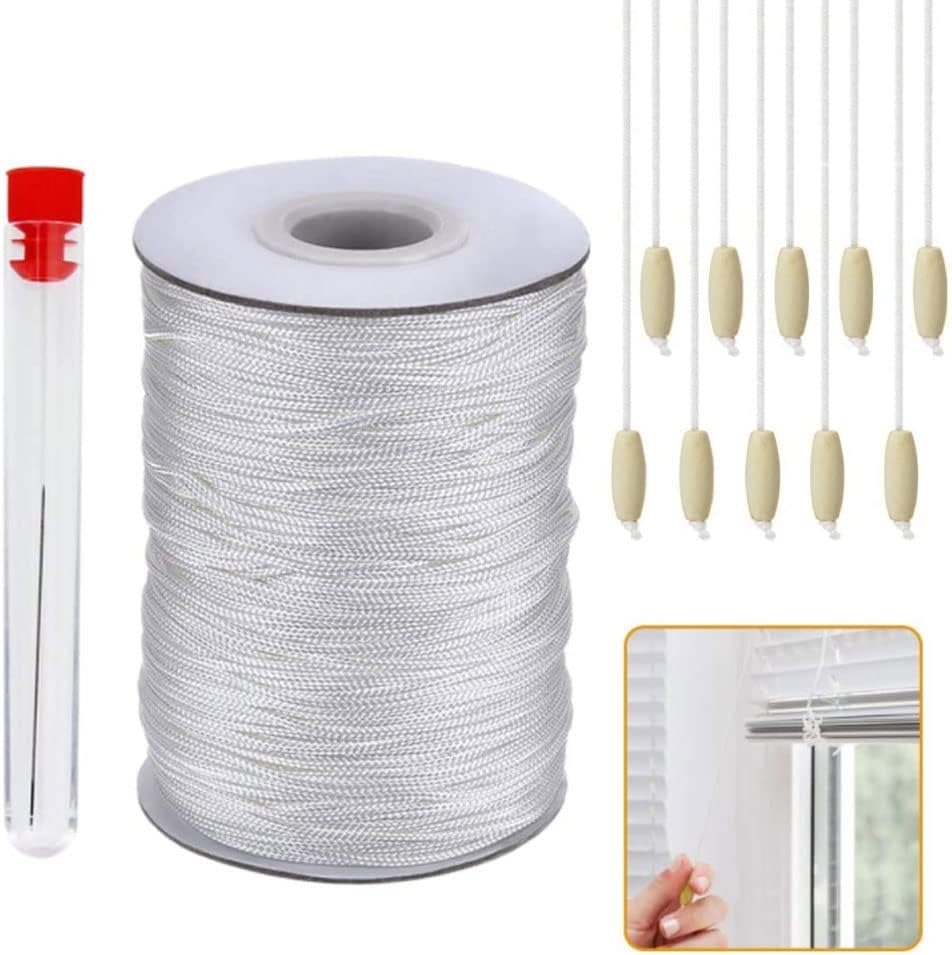 GOLRISEN 100Yards Roman Blind Cord White Venetian Blind Cord String and 10 Wood Pendants Braided Lift Shade Cord for Repairing Aluminum Blind Shade Window,Gardening Plant,Craft(with a Beading Needle)
