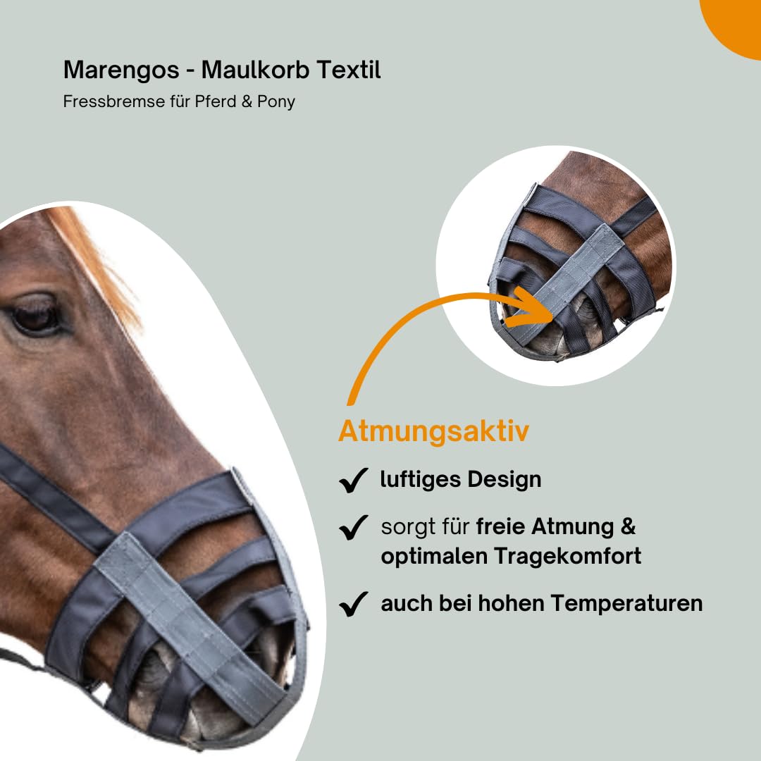Marengos - Maulkorb Textil – Fressbremse Pferd & Pony – zur Kontrolle von Grasverzehr & bei Krankheit – gefüttert & stufenlos einstellbar – Schwarz/Grau für Shetty, Pony, Voll- & Warmblut