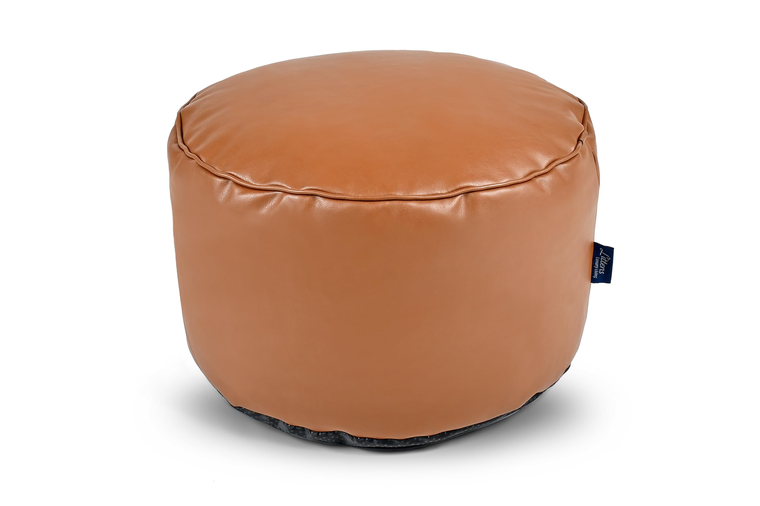 Littens Tan Brown Soft Faux Leather Round Footstool Ottoman Pouffe Bean Bag, Living Room Decorative Low Seat (45cm x 25cm)