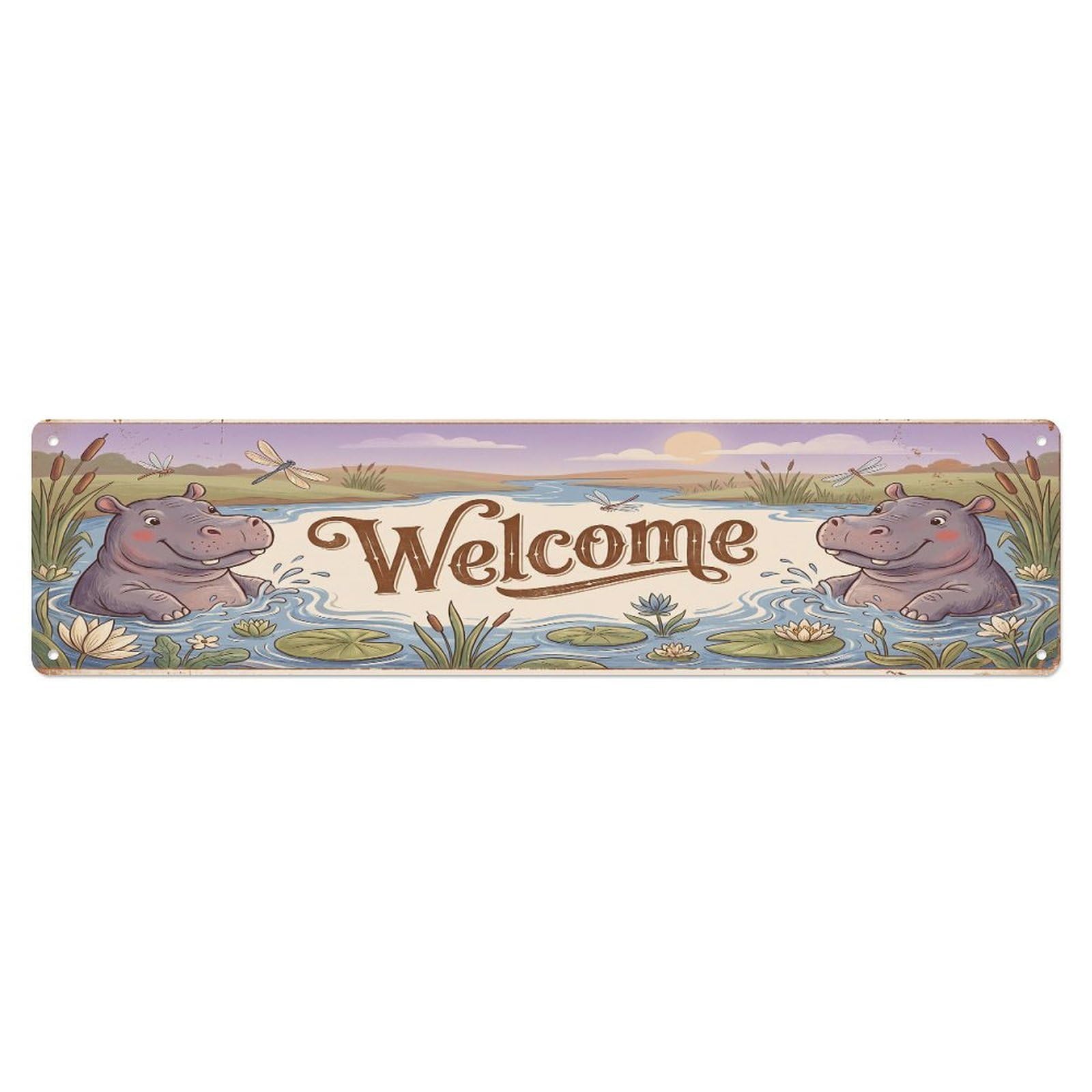 Olhnbad 4X16inch(10X40cm) Vintage Welcome Hippo River Metal Tin Sign