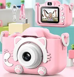 Câmera Digital Infantil, Design de Gatinho, Recarregável, Com Tela LCD, Jogos e Vídeo HD – Presente Criativo para Crianças | Antichoque, Fácil de Usar (Rosa) e Alça Fotos em Alta Resolução