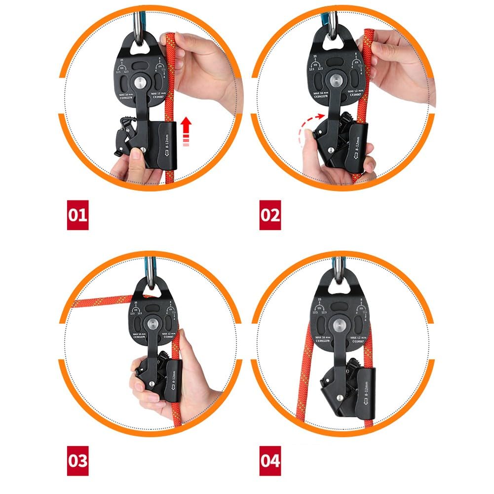 Elevador de polea unidireccional de 25 KN de carga estática de aleación de aluminio para ascender para escalada de cuerda de 8 a 12 mm para levantamiento de arrastre resistente, color negro