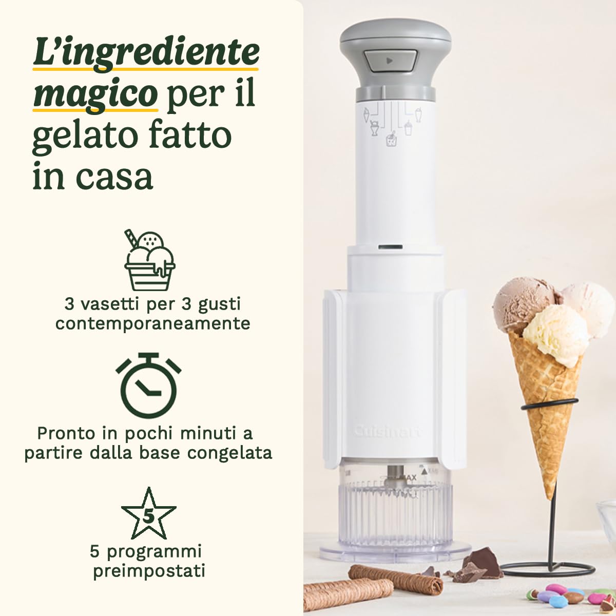 Cuisinart FreezeWand – 5 programmi: Gelato, Sorbetto, Frappè, Granita, Mix-ins | Vegana, proteica, light, senza latticini | Pronta in 5 min | Compatta | Vaschette 3×240ml (Nuovo)