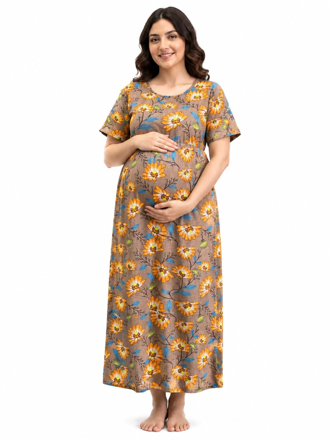 Women’s Brown Floral Print Maternity & Feeding Night Dress-image-28