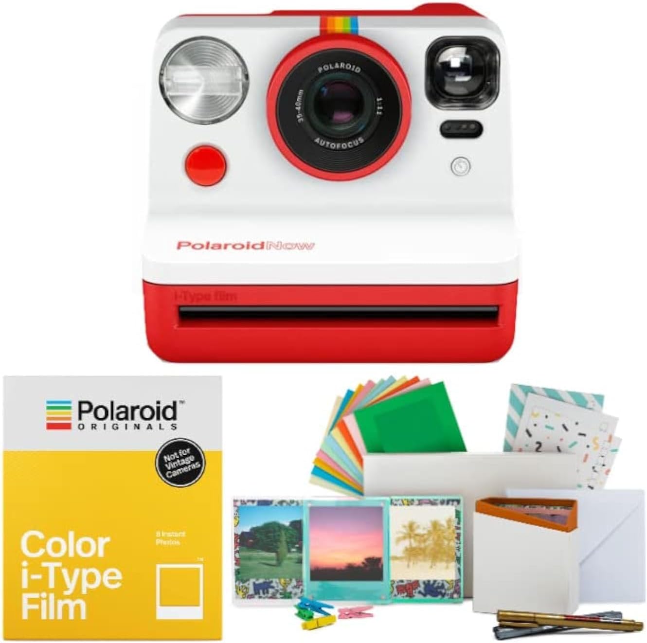 Polaroid Originals Now Viewfinder i-Type Instant Camera (Red) Bundle with i-Type Films and Reusable Vintage Photo Accessory (3 Items)
